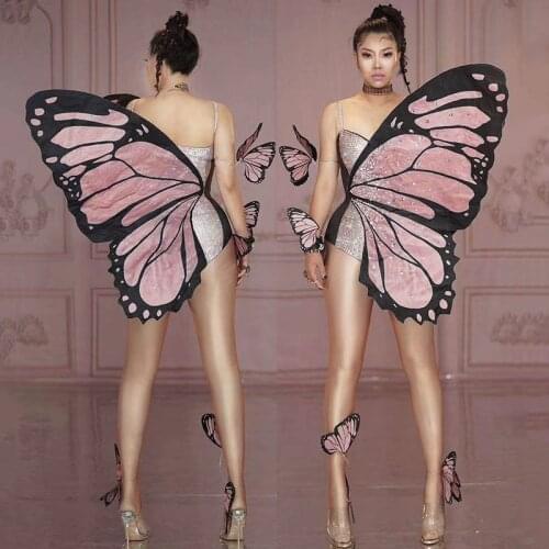 Butterfly Wings Rhinestones Bodysuit Halloween Party Show Outfit Cosplay Costume Nightclub DJ Singer Dancer Stage Wear DT2399