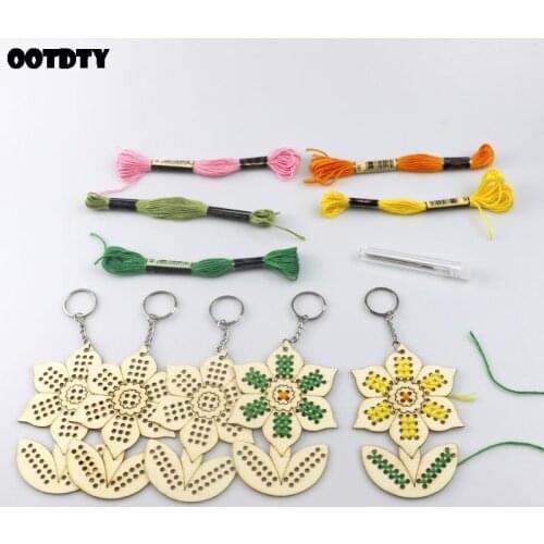 Wooden Cross Stitch Sunflower Embroidery Keychain Ring with Wool Thread DIY Craft Kit Clothes Bag Decor for Adult Kids Beginner