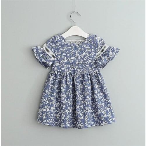 2019 Summer Blue Flower Print Girl Dress Summer Hollow Out Kids Dresses for Girl Baby Clothes 2-6Y LT017