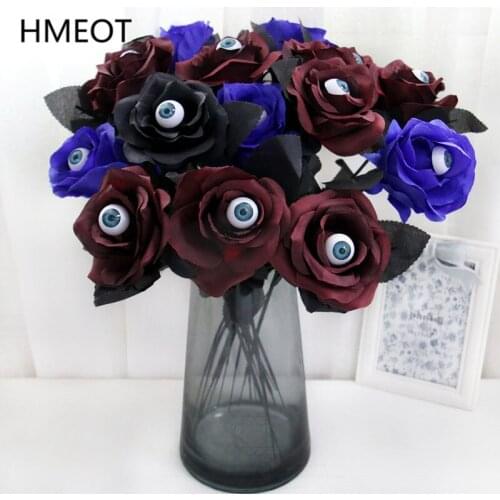 Artificial Rose Flower With Eyeball Black Burgundry Fake Flower Halloween Ghost Festival Layout Room Home Decoration Photo Props