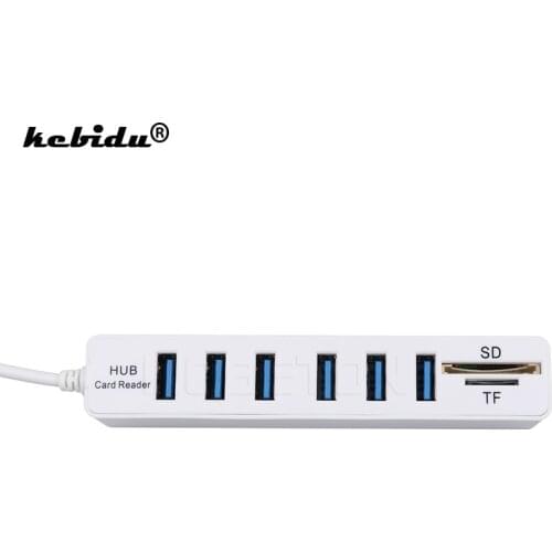 Kebidu Multifunction 2 In 1 USB 2.0 Hub Combo 6 Ports Splitter Support SD/TF Card Reader For Windows Mac For PC Laptop Computer