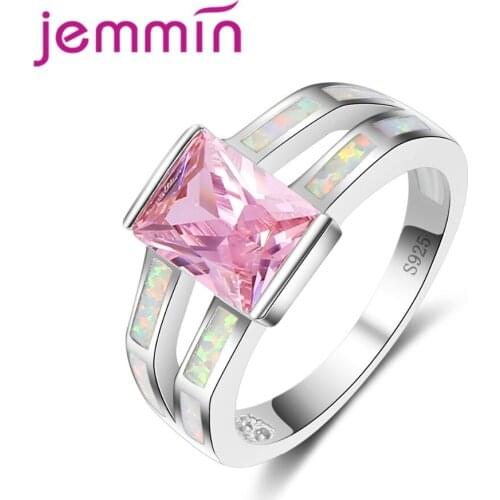 Classic Vintage Pink Rectangle Crystal Ring Ocean Blue Sparking Opal Ring 925 Sterling Silver Jewelry for Women