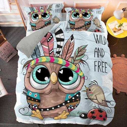 Cartoon Pink Owl Bedding Set For Girl Kids Teenager Cute Duvet Cover Sets Twin Full Queen King Size Bed Linen Bedclothes