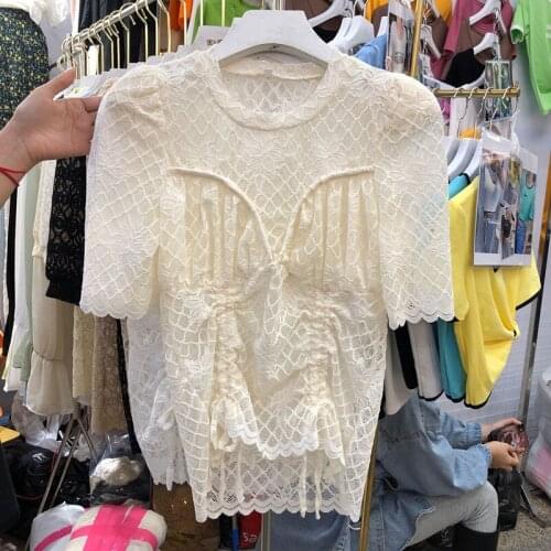 Lace Tshirt Women 2020 New Super Fairy White Lace Short Sleeve T-shirt Female Apricot Shirt Drawstring Bottoming Blusas T Shirts