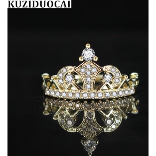 Kuziduocai New Fashion Jewelry Dense Zircon Stainless Steel Crown Gold Color Wedding Bride Party Rings For Women Anillos R-737