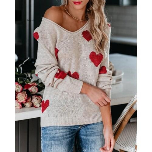Sweet Fashion Sweaters Women Chic Love Heart Shape Knitted Pullovers Sweater Fall Long Sleeve O-neck Knit Jumper Mujer