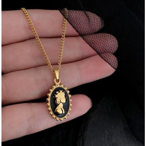 RHYSONG Fashion Black Enamel Baroque Pendants Medium Long Chain On Neck Stainless Steel Gold Plated Necklace Women Jewelry XL184