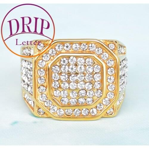 Square Ring Gold Color Full Rhinestone Crystal For Mens Stainless Steel Fashion Iced Hip Hop Jewelry