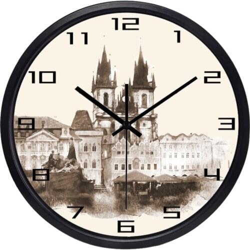 European New Design Non-Ticking Metal Living Room Vintage Castle Wall Clock Novelty Hard Art Home Watch