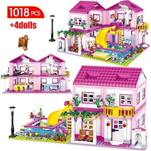 New DIY Creative Summer Double-Decker Villa Swimming Pool House Building Block Model Small Particles Girls Gifts For Children