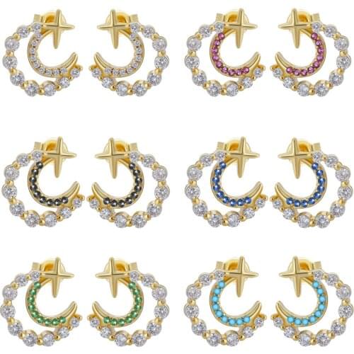 New Arrival Gold Color Stud Earrings Micro Pave White Zircon Clear CZ Moon Stars Colorful Earrings For Women Party Jewelry