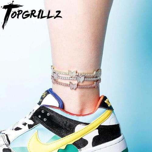 TOPGRILLZ Butterfly Anklet With 3mm Tennis Chain Iced Out Cubic Zirconia Womens Anklet Hip Hop Fashion Delicate Jewelry Gift