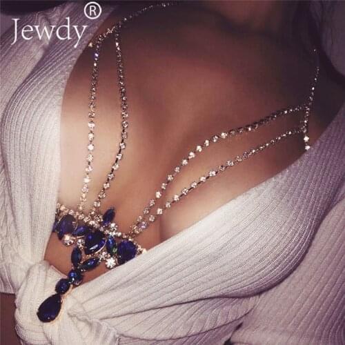 Fashion Gold Silver Color Body Chain Blue Rhinestone Multilayer Sexy Beach Bikini Harness Crystal Flower Women Bralette Jewelry