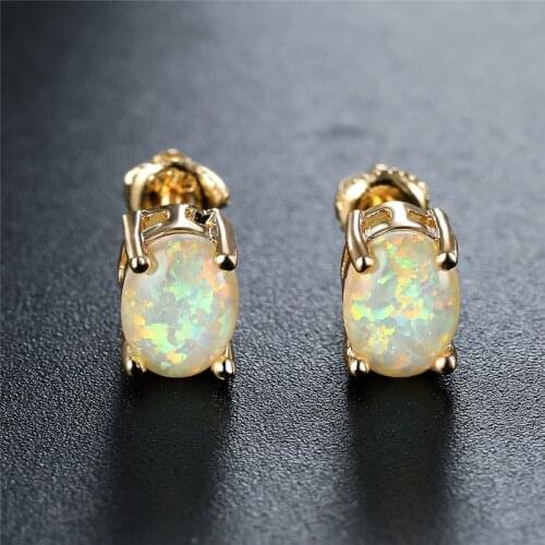 Luxury Bride White Fire Opal Stud Earrings Dainty Oval Small Stone Earrings Vintage Gold Silver Color Wedding Earrings For Women