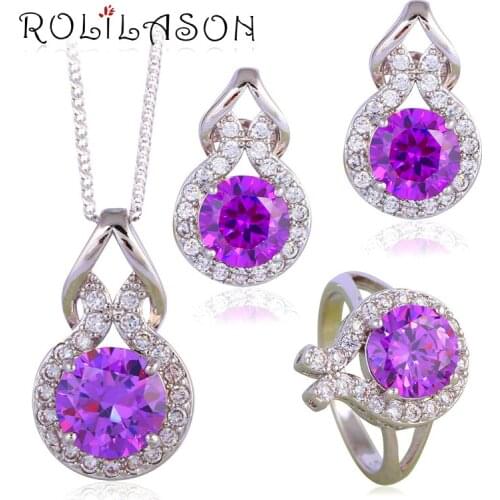 ROLILASON silver plated stamped Clip Earrings Necklace Pendant rings Weddings Purple AAA CZ Fashion Jewelry Set for women JS626