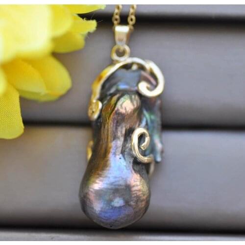 Z10097 Handmade Big 43mm Peacock-Black Baroque-Drop Keshi Reborn Pearl Pendant