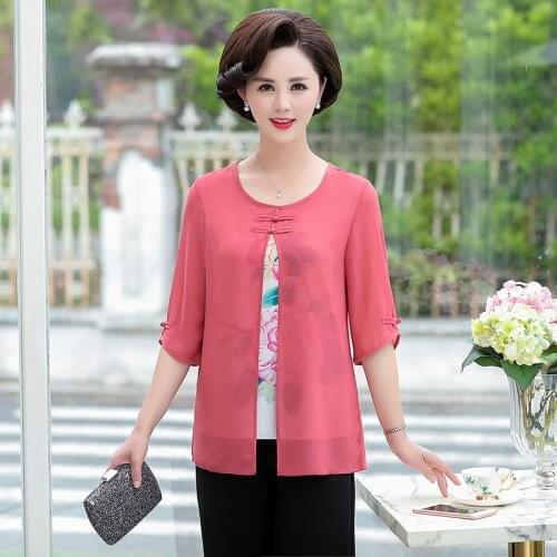 Fake Two Pieces Women Chiffon Shirt Top 2020 Summer Half Sleeve Mother 5XL Plus Size Clothing Floral Tee Shirt Femme