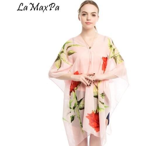 LaMaxPa Women New Chiffon Sunscreen Shawls Classic Preppy Style Beachwear For Lady DIY Pearl Clasp Shawl Femme Classic Echarpe