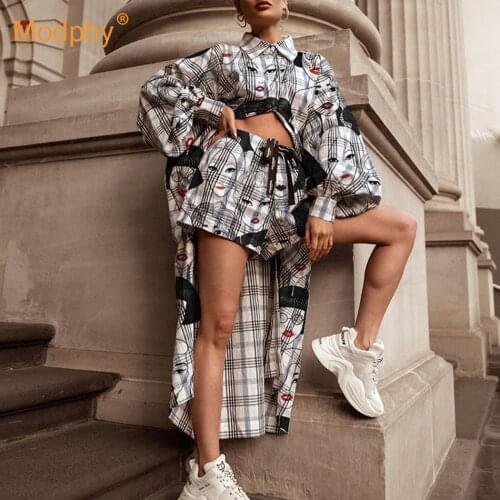 Free Shipping Casual Long Shirt Tops And Drawstring Shorts Outfit Fashion Cartoon Print Women 2 Piece Sets Elegant Lantern Suits