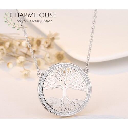CZ Zircon Crystal Pendant Necklaces For Women S925 Silver Round Tree Necklace Chain Collier Femme Classic Jewelry Accesories