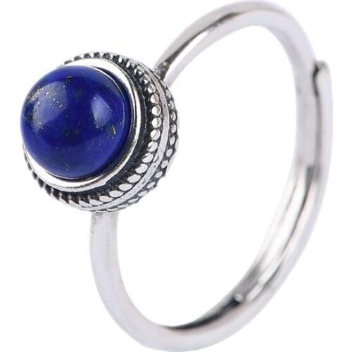 925 sterling silver jewelry female models natural round lapis lanyard ring simple fashion blue stone ring for Woman