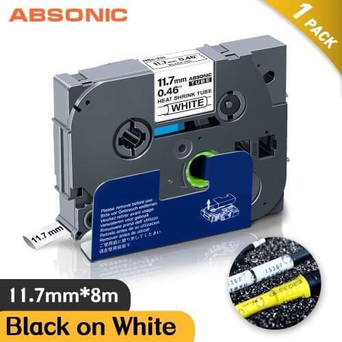 Absonic 11.7mm Hse label tape Hse-231 for Brother Hse231 Hse 231 Heat Shrink Tubes Black on White for Brother PTouch Label Maker