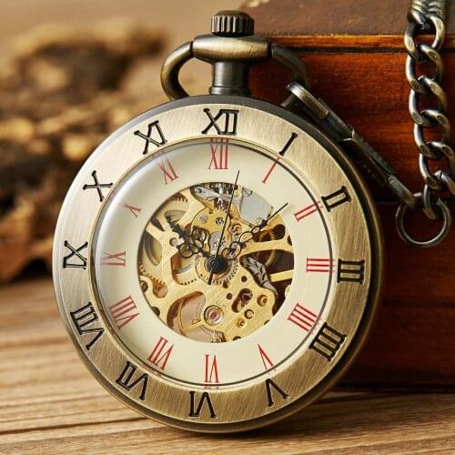 Vintage Bronze Hollow Mechanical Pocket Watch Men Roman Number Dial Steampunk Hand Winding Retro Pocket Watches Male Clock Gifts