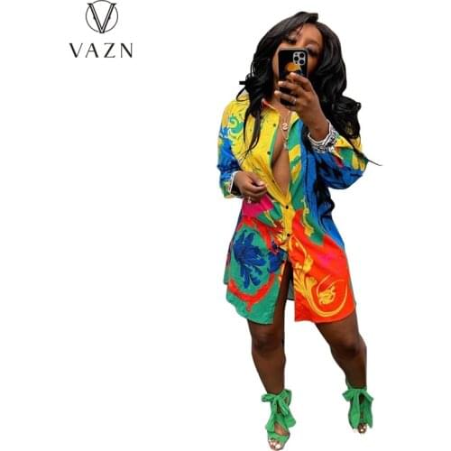 VAZN 2021 INS V-neck Holiday Full Sleeve Print Elegant Mini Shirt Dresses Sexy Club Birthday Dress Women Elegant Fashion Dress