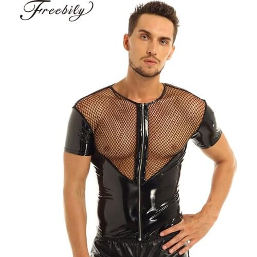 Mens Punk tshirt Wetlook Patent Leather Fishnet Splice Short Sleeve Muscle Tee Shirt Clubwear Stage Dance Night Costumes T-shirt