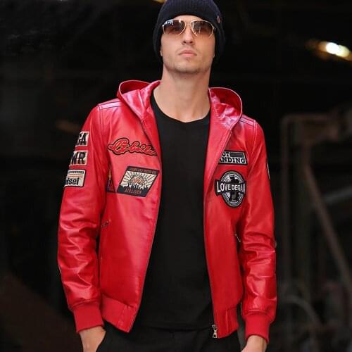 Fashion Red Leather Jacket Men Autumn Hooded Casual Leather Clothing Real Sheepskin Leather Genuine Outwear