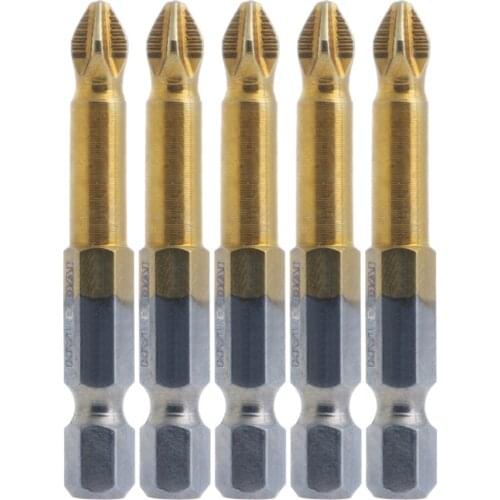 OOTDTY 5Pcs Titanium Coated 1/4" Hex Shank PH2 50mm Anti Slip Electric Screwdriver Bits