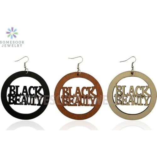 SOMESOOR Laser Cutting Engraved Black Beauty Wooden Drop Earrings 7cm Big Circle Fashion Women Dangle Jewelry For Christmas Gift