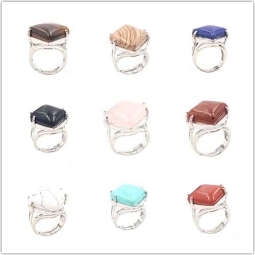 FYJS Unique Silver Plated Rhombus Shape Black Agates Resizable Finger Ring Blue Turquoises Stone Jewelry