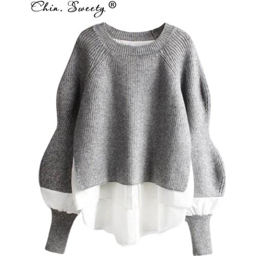 Knitted Patchwork Womens Sweater Long Sleeve O-neck Oversize Korean Pullover 2021 Autumn Winter Casual Warm Sweaters Clothing