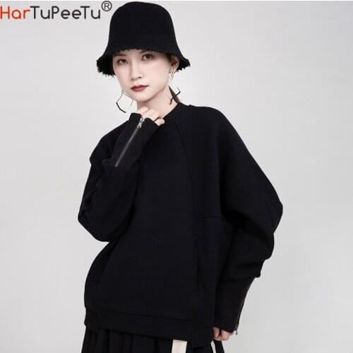 Women Warm Hoodie Oversize Cotton Winter Autumn 2020 Long Sleeve Solid Zipper Cuff Irregular Thick Pullover Basic Tops