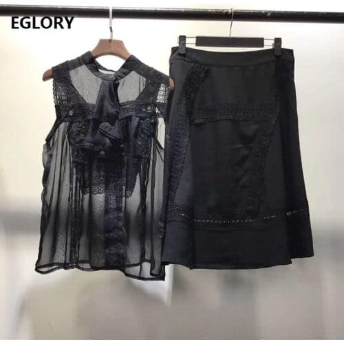 High Quality Designer Skirt Suit 2020 Summer Women Lace Patchwork Sexy Black Blouses+Knee-Length Skirt Sets & Suits 2 Piece