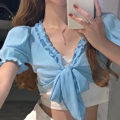 Knit sweater womens summer Ruffle Lace Sexy Crop Tops sexy corset tank top women bandage bowknot hippie beach Y2K top tank top