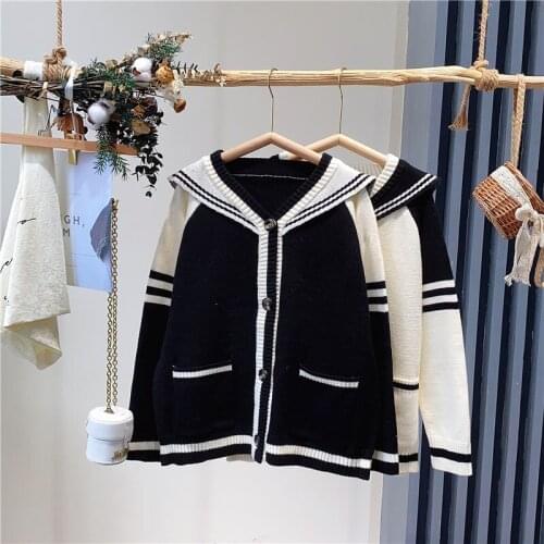 Navy Neck Jacquard Knitted Cardigan Womens New Loose Korean Lazy Sweater 2021