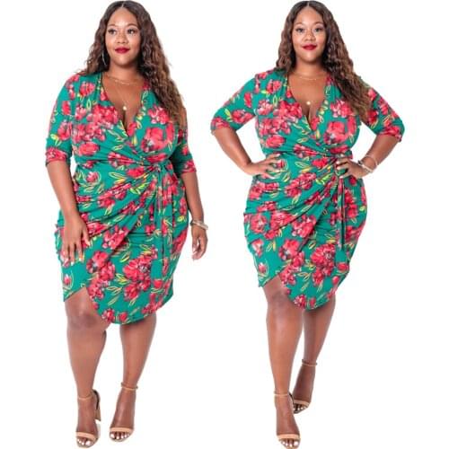 Retro Plus Size Women Outfit Printed Lace-up Fashion Dress Cardigan V Neck Irregular Sexy A Line Dresses Wholesale Dropshipping