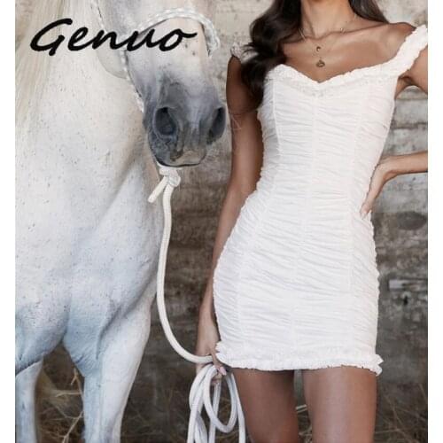 Genuo Summer Dress 2019 Sexy Off Shoulder Ruched Bodycon Dress White Woman Birthday Party Dress Elegant Chic Ruffle Robe Femme