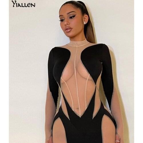 Yiallen Summer Fashion Mesh Patchwork Dress Women Slim ONeck Full Sleeve Sexy See Through Street Party Lady Bodycon Long Dresse