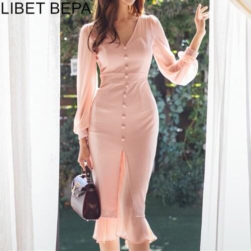 2021 New Autumn Women Chiffon Dress Ruffles Patchwork Single-breasted Slit Sexy V-Neck Package Hip High Waist Dresses Slim DR816