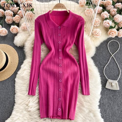 2021 Autumn New Long Sleeve Knitted Bodycon Dress Womens Solid Color Fashion Folds Lapel Buttoned Slim Hip Mini Dress Vestidos