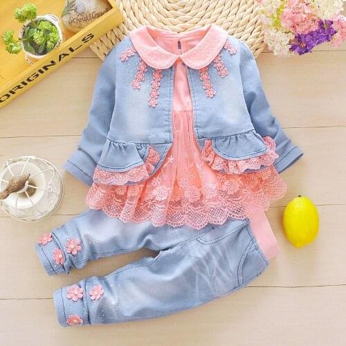 2020 Spring Fall Baby Girls 3 Pcs Set Infant Kids Lovely Lace Denim Jacket + Embroidered T-Shirt + Pants Childrens Clothes X186