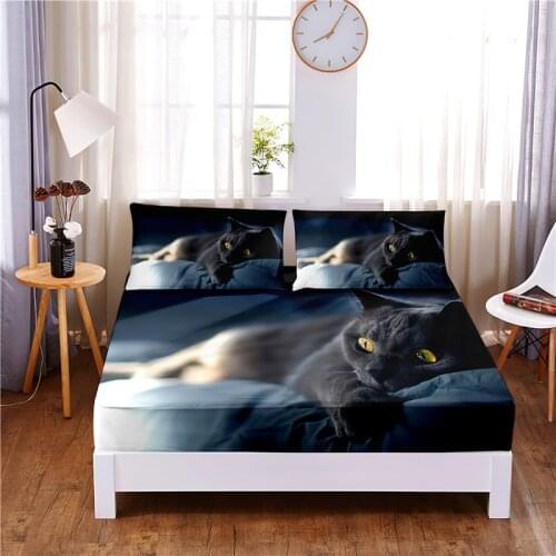 Little Black Cat Printed 3pc Polyester Fitted Sheet Mattress Cover Four Corners with Elastic Band Bed Sheet Pillowcases