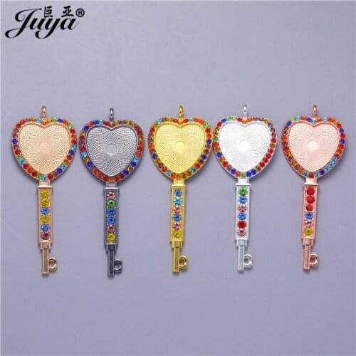 50PCS Jewelry Making Key Heart Cabochon Pendant Base Colorful Diamond Charm For DIY Necklace 25mm Alloy Tray Crafts Jewellry