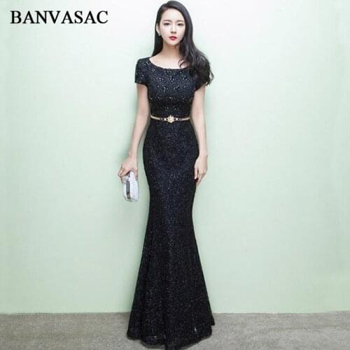 BANVASAC 2018 Crystal O Neck Lace Appliques Mermaid Long Evening Dresses Party Metal Sash Short Cap Sleeve Prom Gowns