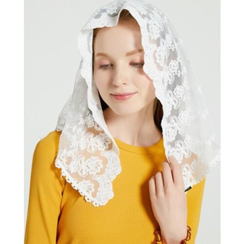 Ivory White D Shape Lace Chapel Scarf Orthodoxen Catholic Veil for Church Head Cover Latin Mass Floral Embroidery Mantilla