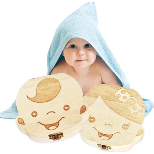 Wooden baby Kids Tooth Storage Box English/Spanish/French/Russian Teeth Umbilical Lanugo Organizer Gift Keepsakes Save