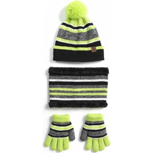 Kids Winter Knit 3Pcs Beanie Hat Scarf Gloves Set Contrast Color Striped Thick Plush Lined Pompom Skull Cap Neck Warmer H9ED